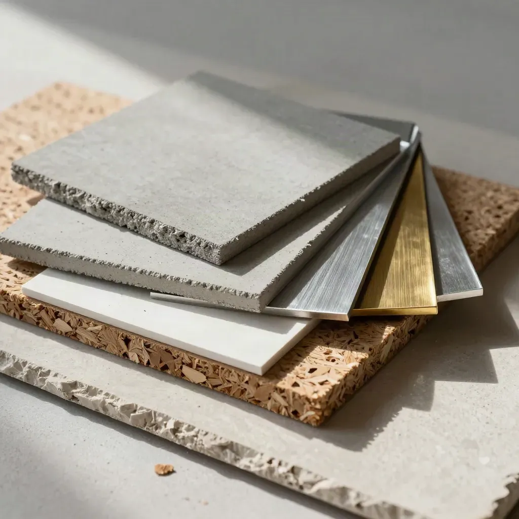 Architecture material board with veneer, concrete, aluminum and brass samples on pale plaster.