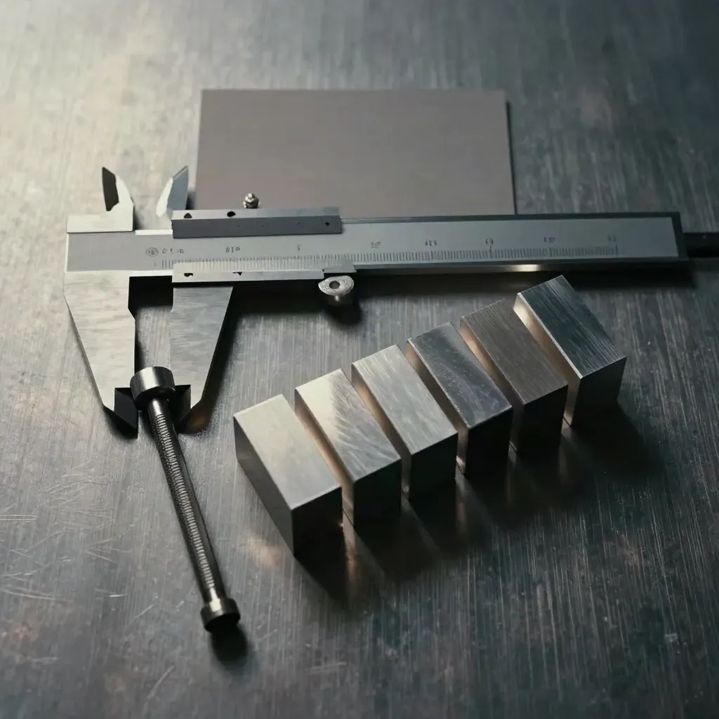 Machining calipers, chuck key, and aluminum blocks on brushed metal with dramatic shadows.
