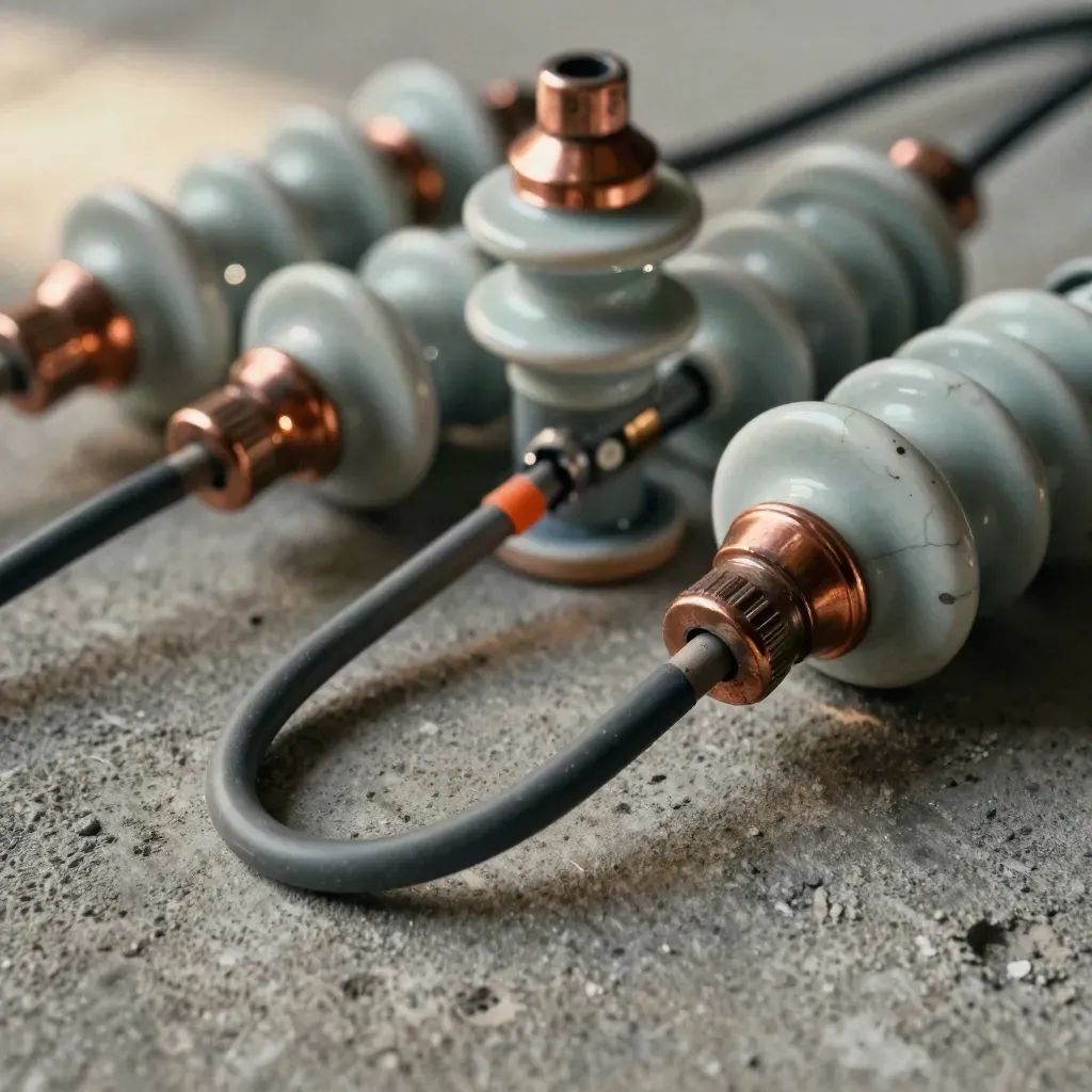 Porcelain insulators, copper ferrules and a graphite cable loop on concrete with orange accent.