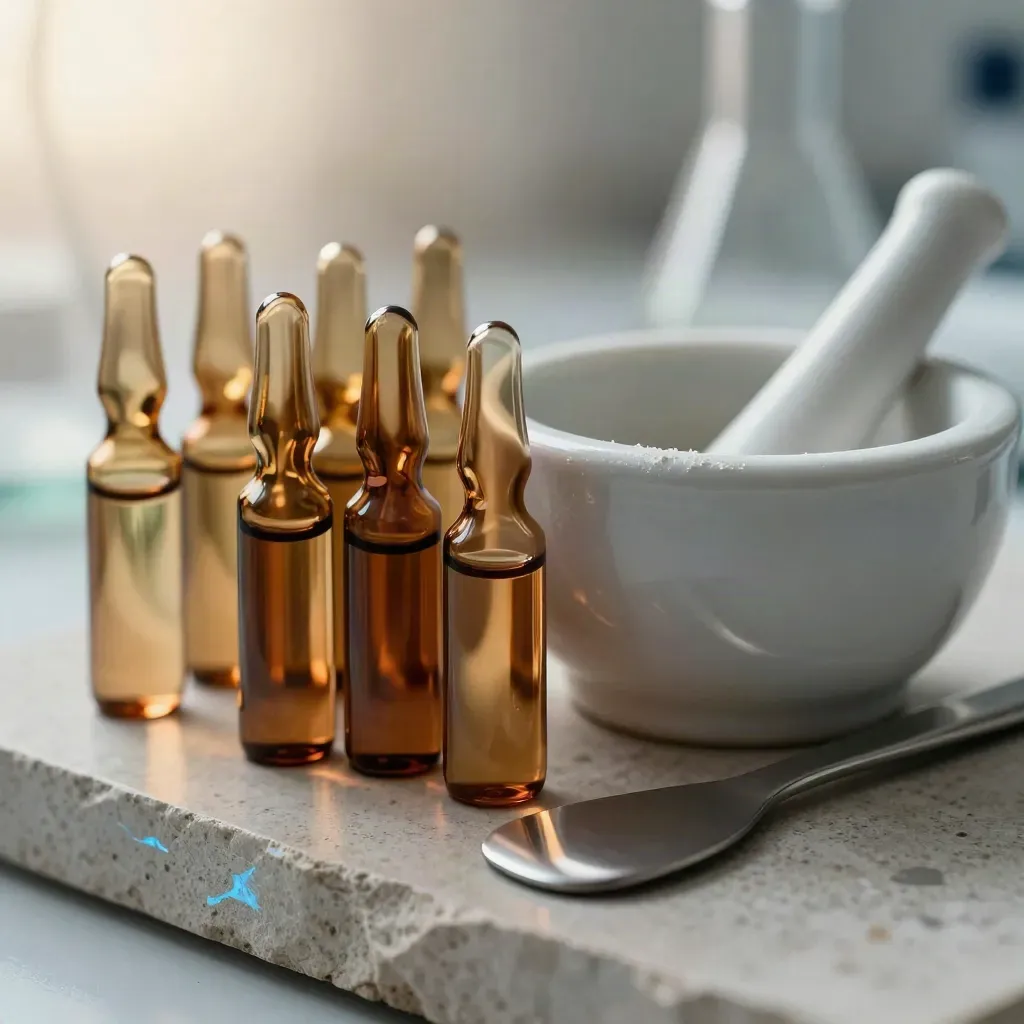 Amber lab ampoules, porcelain mortar, and steel spatula on pale stone in soft rim light.