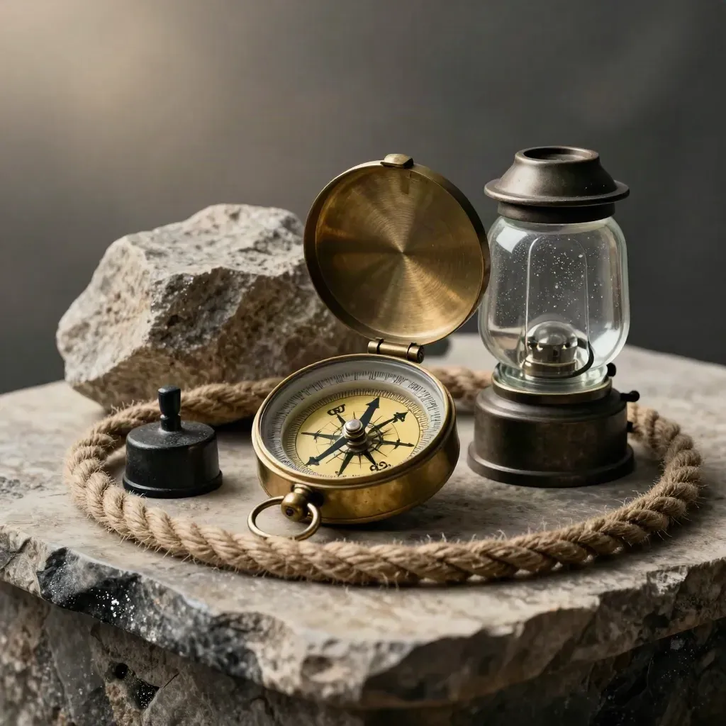 Brass compass, chart weights, rope coil and smoked lamp lens on pale stone in dramatic maritime still life.
