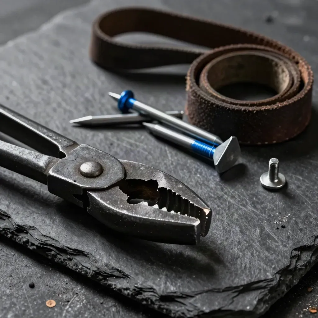 Forge tongs, steel offcuts, rivet heads and leather strap on slate with blue accent.