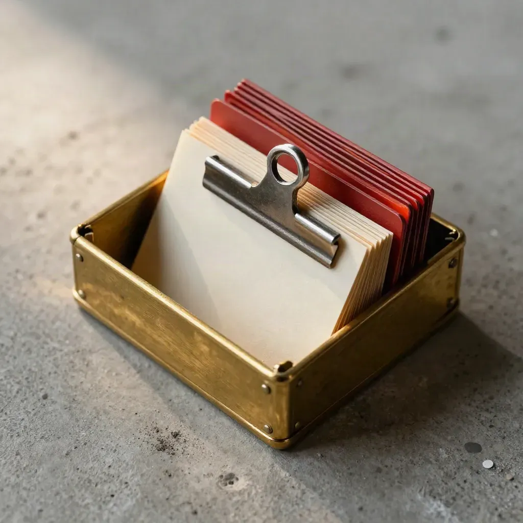 Brass card sorter with red dividers and a half-slid blank card on concrete