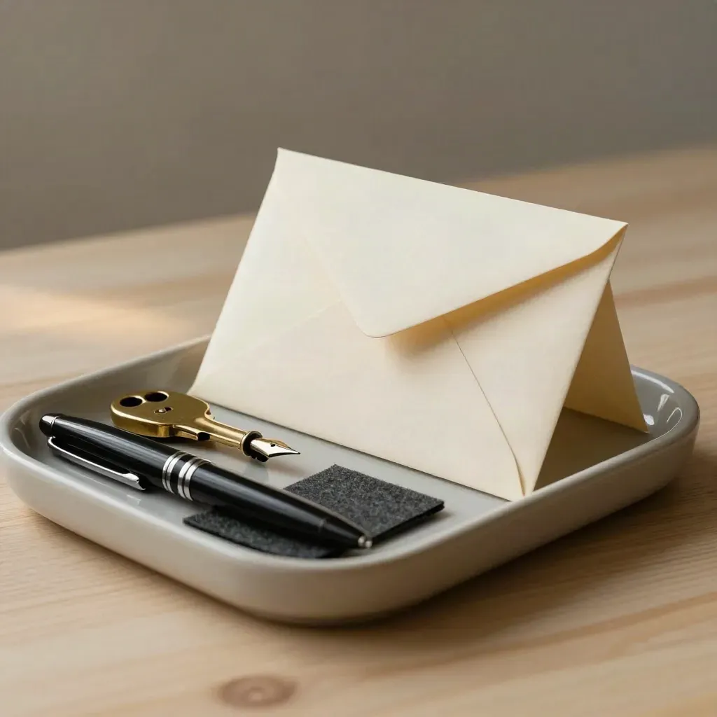 Brass letter opener, fountain pen, blotter and sealed envelopes on pale wood in dramatic side light.