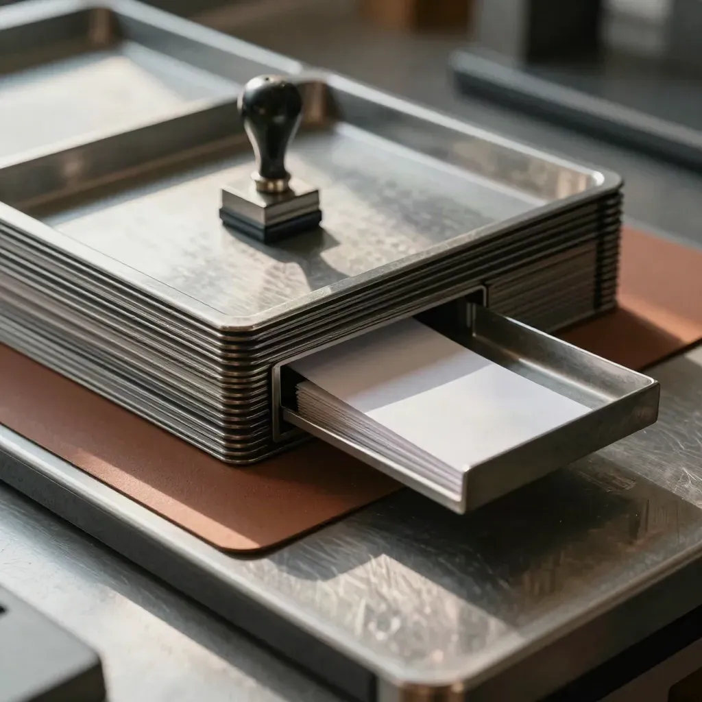 Metal file trays, tag strips and a steel stamp on brushed steel in a close-up sorting scene.
