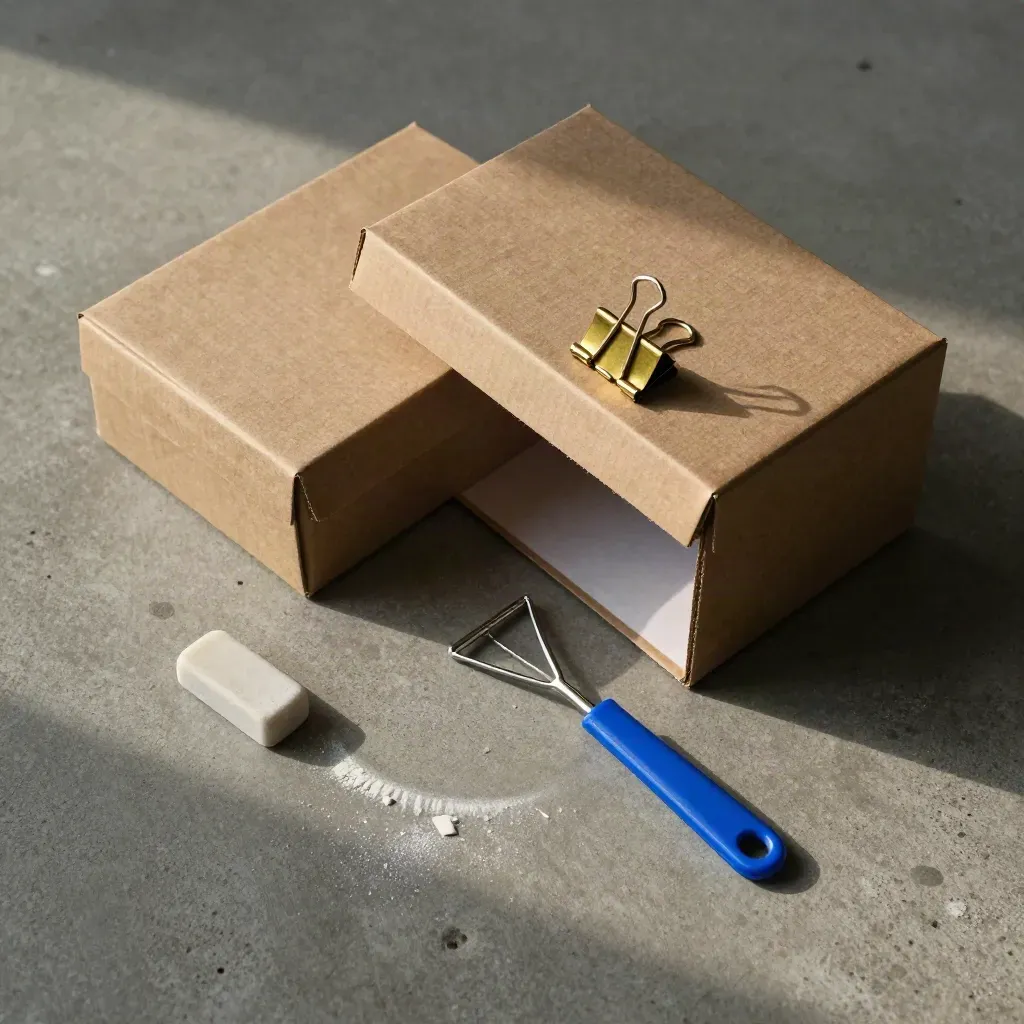 Archive boxes, brass clips and a file rake on concrete, lit by soft daylight.