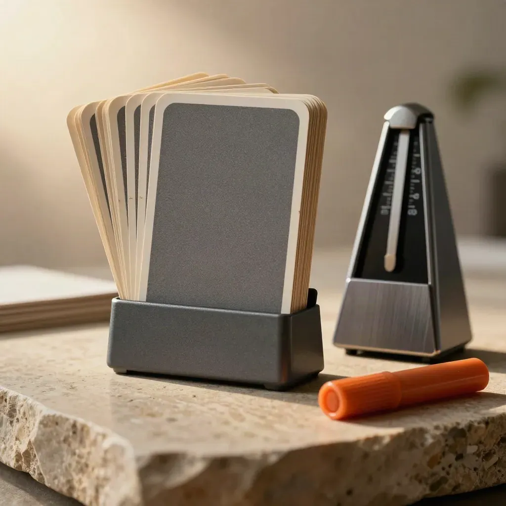 Blank flash cards in a stand beside a metronome and orange cap on warm stone.
