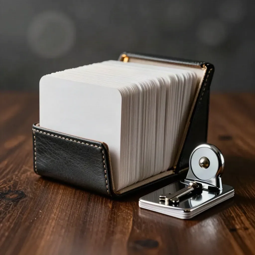 Leather script card box, chrome weight and folded holder on dark oak in dramatic studio light.