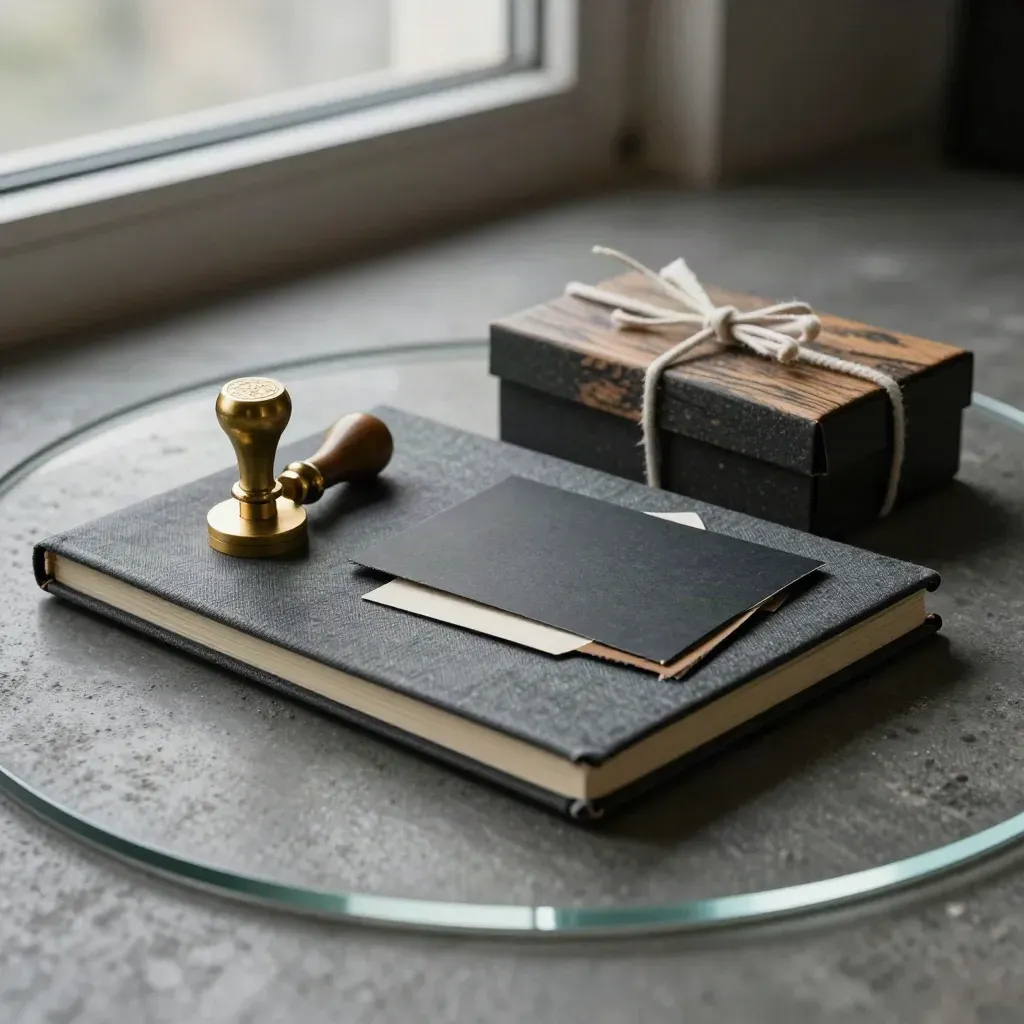 Founder launch kit with notebook, brass stamp, card folder and sample box in soft window light.