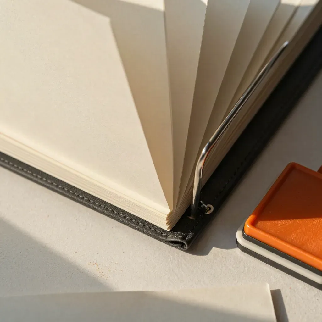 Flatlay of dividers, file rails, folder and stamp pad on pale plaster with orange accent.