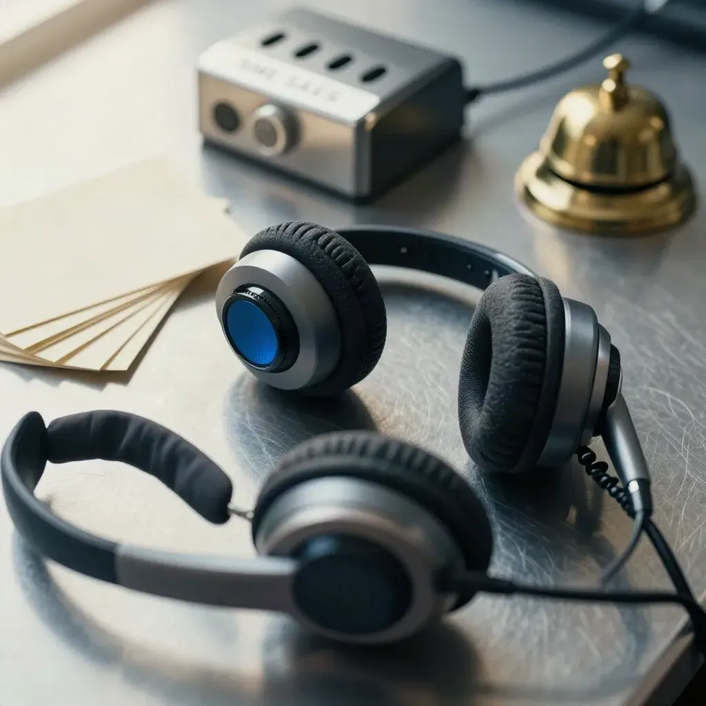 Macro of sales headsets, tally counter, contact cards and a bell on brushed metal.