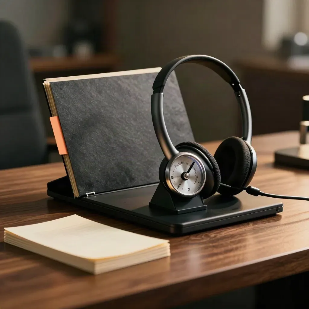 Headset cradle, tally counter, tabbed folder and script cards on walnut in dramatic studio light.