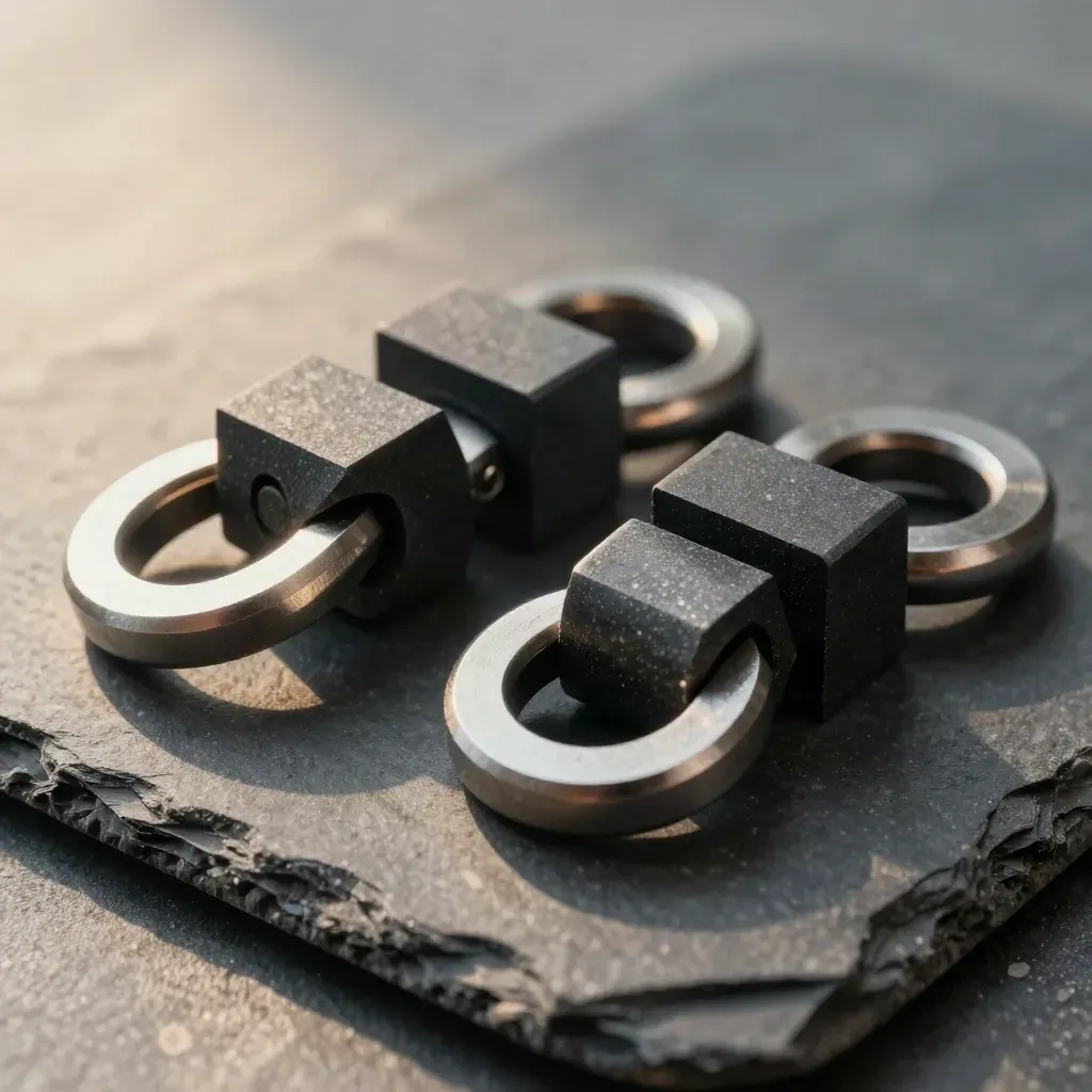 Macro still life of steel rings, couplers and graphite blocks on slate