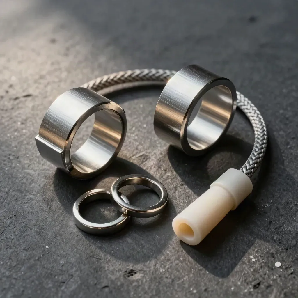 Brushed couplers, braided cable, and linked metal rings on dark plaster with soft daylight.