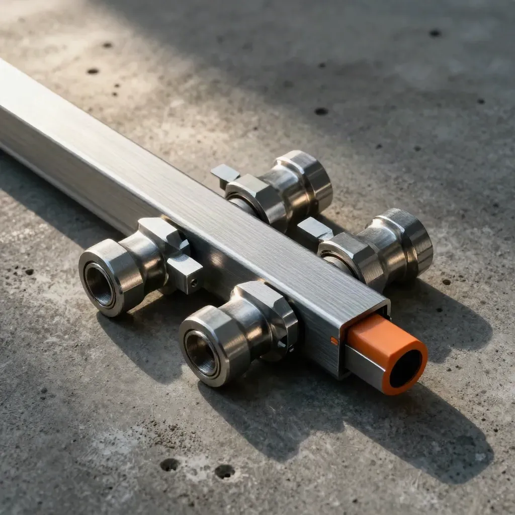 Aluminum rails and connectors snapped together on concrete with an orange accent