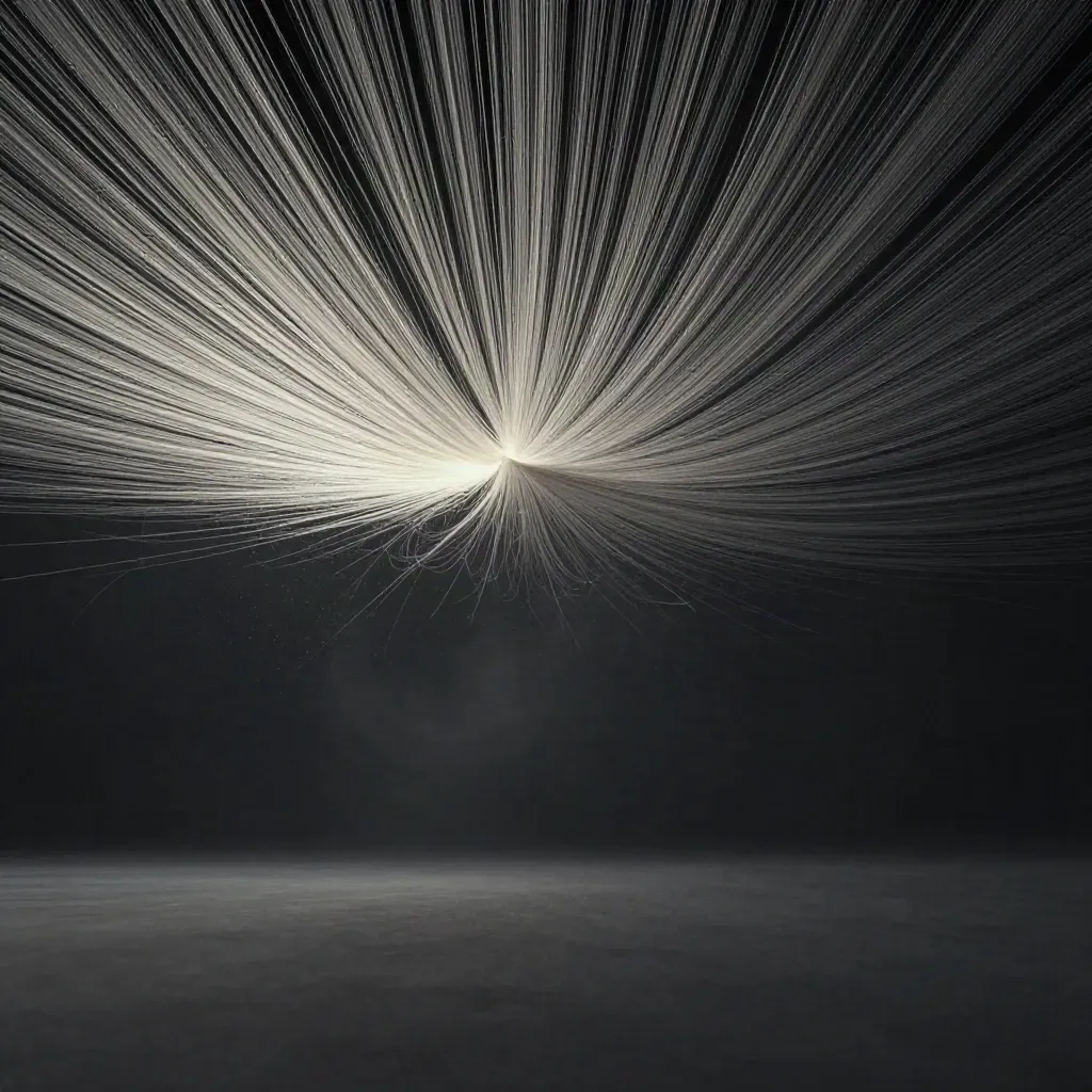 Silver light filaments converge into a soft white bloom in dark graphite haze.
