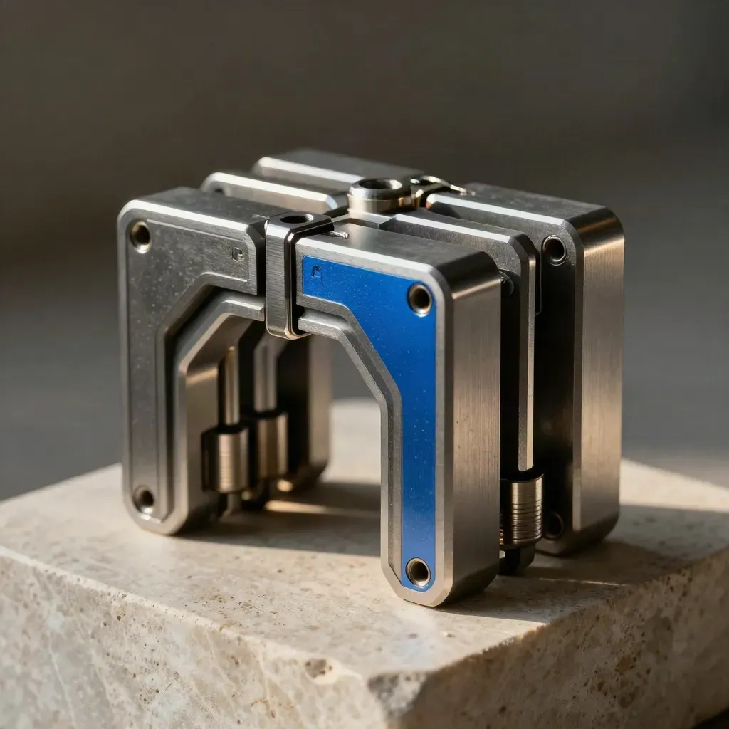 Metal modular connectors clustered on pale stone with a subtle blue accent.